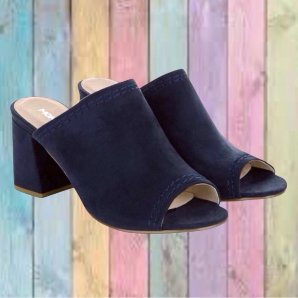 Monsoon Shoes - Monsoon Navy Blue Suede Leather Open Toe Mule Slide Block Heels